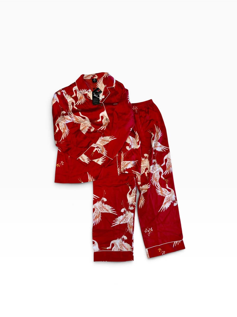 SilkSilky 100% Silk Crane Print Pajama Set Red Size XL NWT